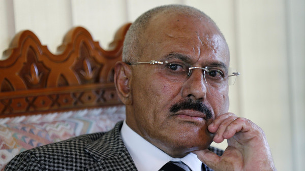 Yemen's former President Ali Abdullah Saleh pauses during an interview with Reuters in Sanaa